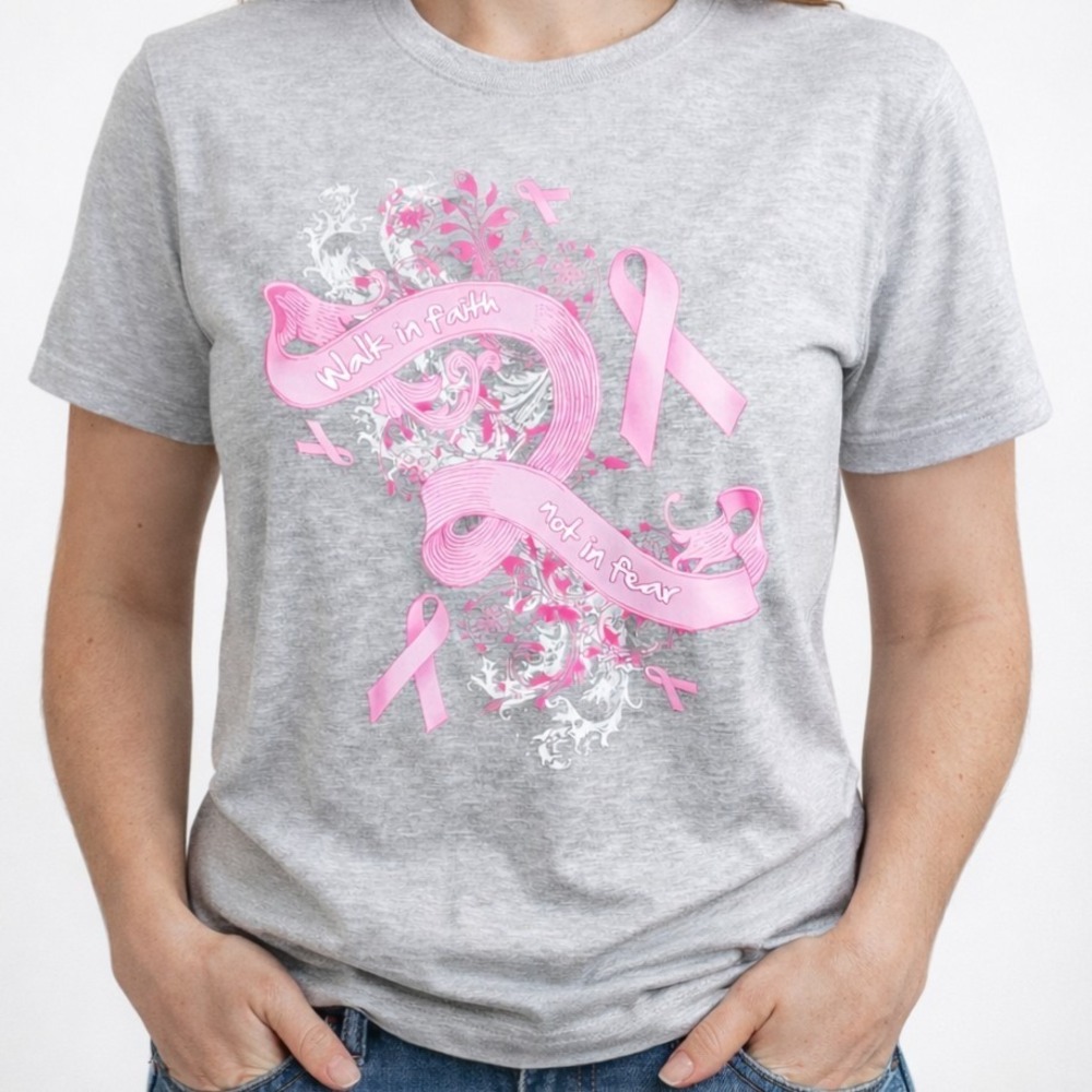NEW Breast‎ Cancer Awareness T-shirt "Walk In Faith Not In Fear" Gray XL #0789
